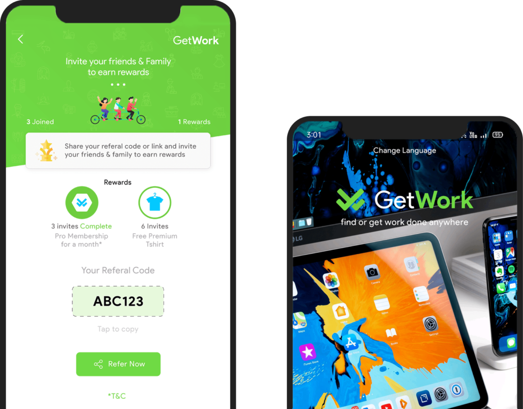 get work app refer friend and earn rewards free tshirt and membership